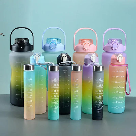 3PCS Water Bottle with Two Straws-5573Purple Lid Apricot