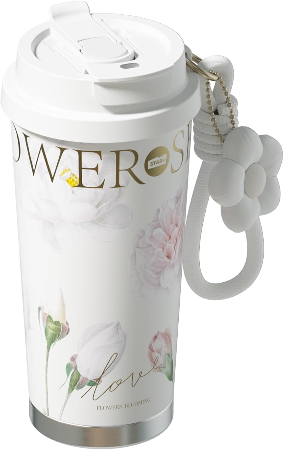 Stainless Steel Flower Coffee Mug- WHITE(WITH Charm) Tumbler Apricot