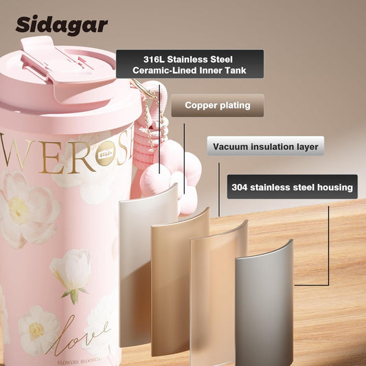Stainless Steel Flower Coffee Mug- PINK(WITH Charm) Tumbler Apricot