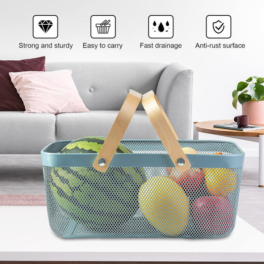 Rectangular Mesh Basket With Double Wooden Handle- Blue Fruit Baskets Apricot