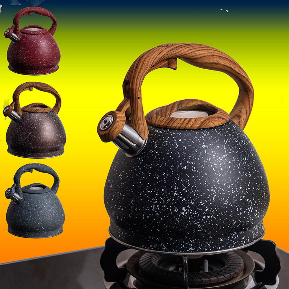 Stainless Steel One Touch Button Whistle Teapot with Anti Scalding Handle- Grey Texture Apricot
