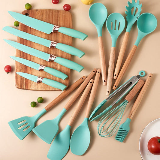 19 PCs Silicon Cooking & Knife Set With Board-13941Mint Green cooking set Apricot   