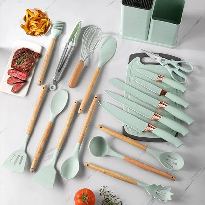 19 PCs Silicon Cooking & Knife Set With Board-13941Mint Green cooking set Apricot   