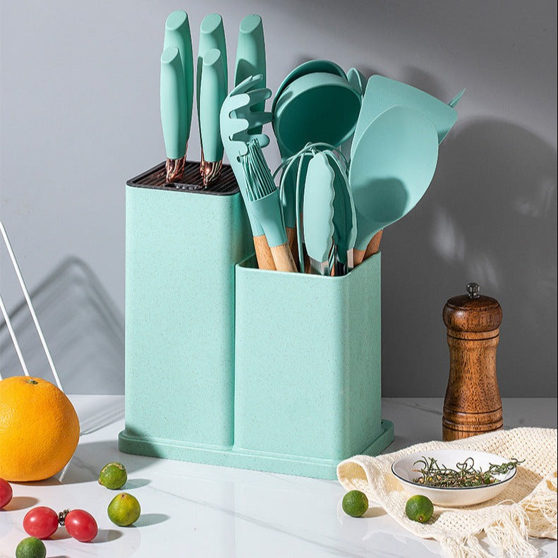 19 PCs Silicon Cooking & Knife Set With Board-13941Mint Green cooking set Apricot   