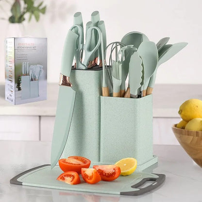 19 PCs Silicon Cooking & Knife Set With Board-13941Mint Green cooking set Apricot   