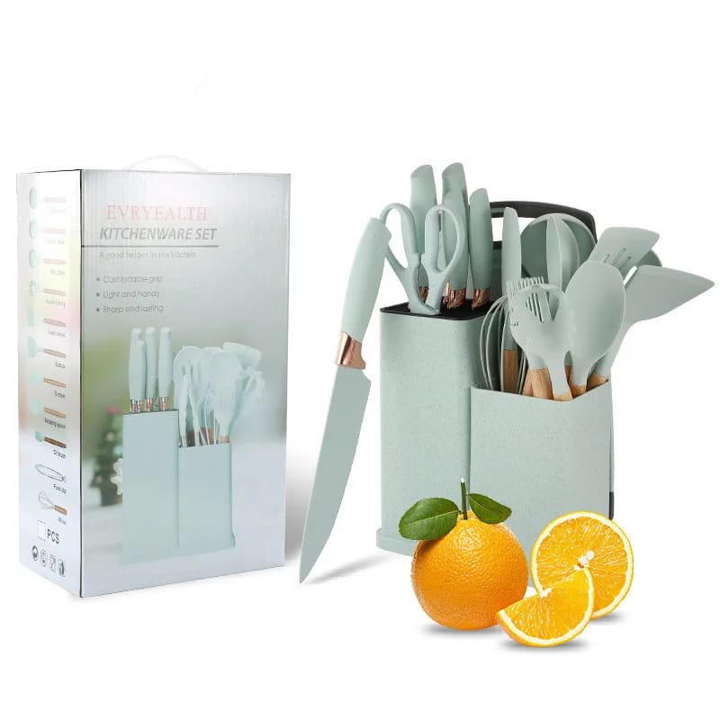 19 PCs Silicon Cooking & Knife Set With Board-13941Mint Green cooking set Apricot   