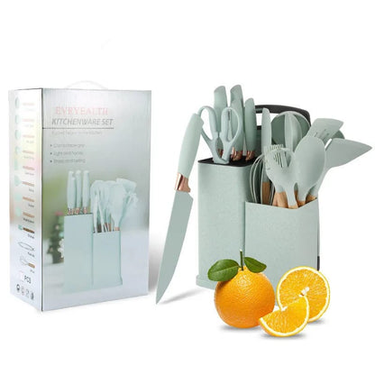 19 PCs Silicon Cooking & Knife Set With Board-13941Mint Green cooking set Apricot   