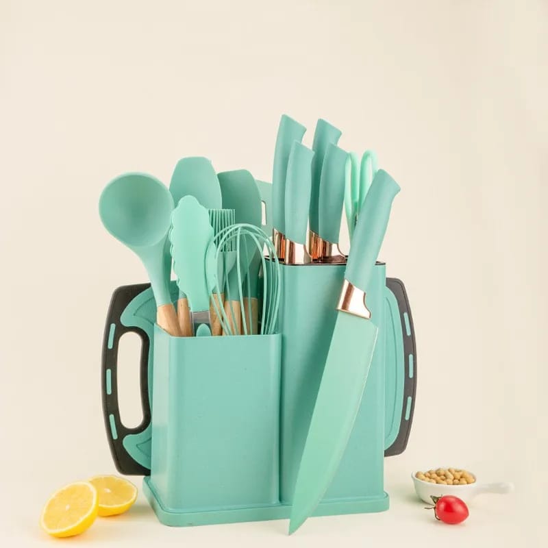 19 PCs Silicon Cooking & Knife Set With Board-13941Mint Green cooking set Apricot   