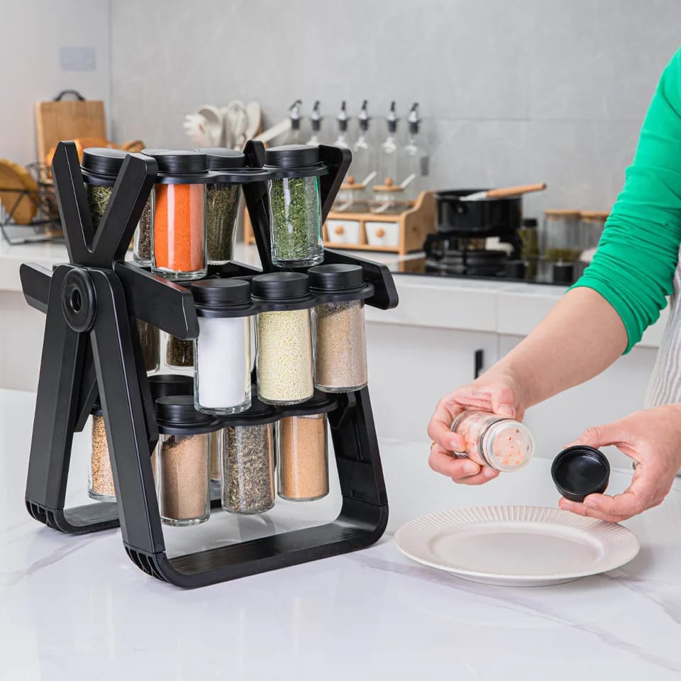 21 PCs Rotating Spice Jar Organizer-14277-With Stand Spice and sugar Jar Apricot