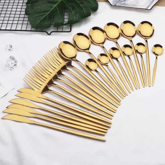 24 Pcs Premium Steel Cutlery Set-Plain Golden(4405)  Apricot   