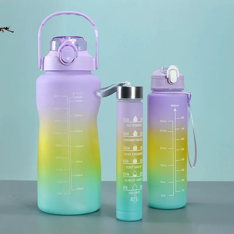 3PCS Water Bottle with Two Straws-5573Purple Lid  Apricot   