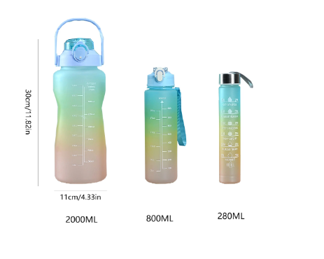 3PCS Water Bottle with Two Straws-5573Purple Lid  Apricot   