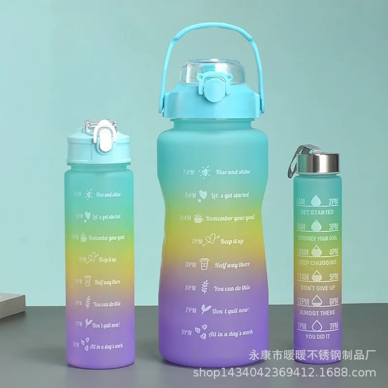 3PCS Water Bottle with Two Straws-5574Green Lid  Apricot   