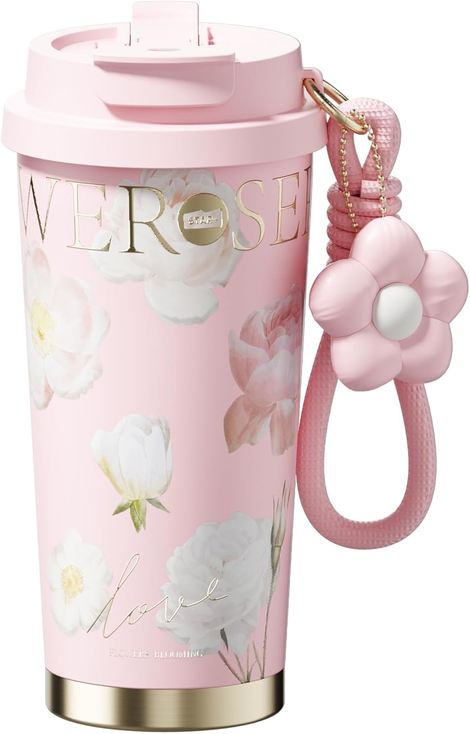 Stainless Steel Flower Coffee Mug- PINK(WITH Charm) Tumbler Apricot