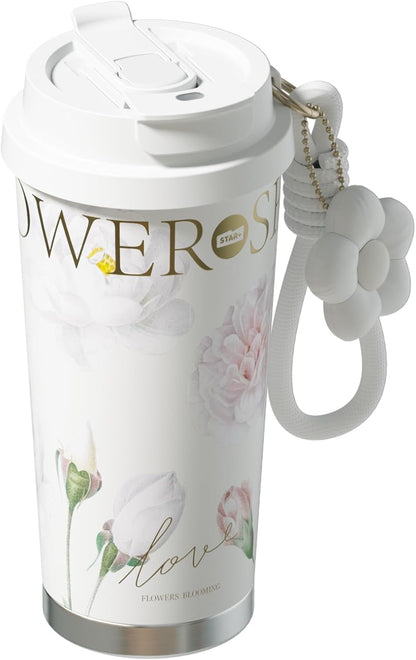Stainless Steel Flower Coffee Mug- WHITE(WITH Charm) Tumbler Apricot