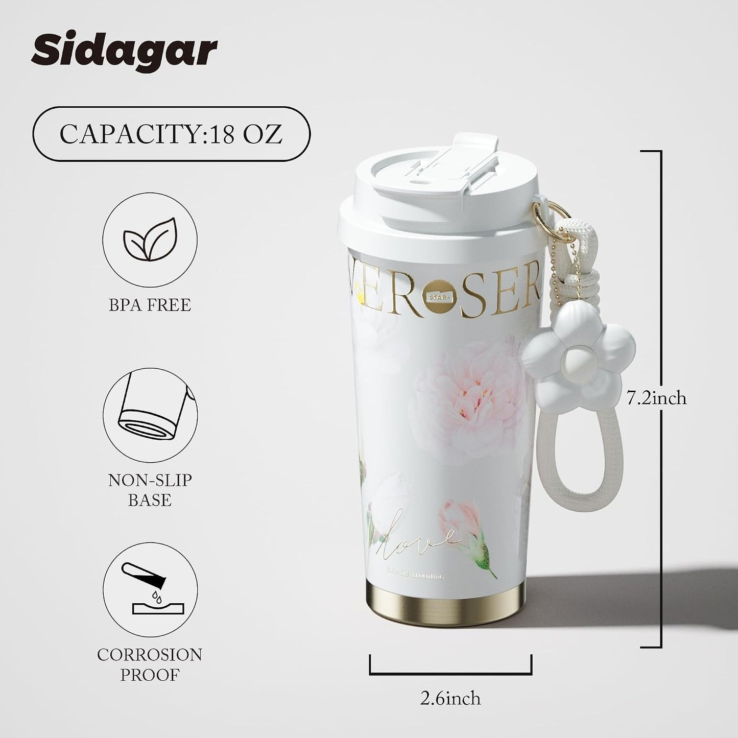 Stainless Steel Flower Coffee Mug- WHITE(WITH Charm) Tumbler Apricot