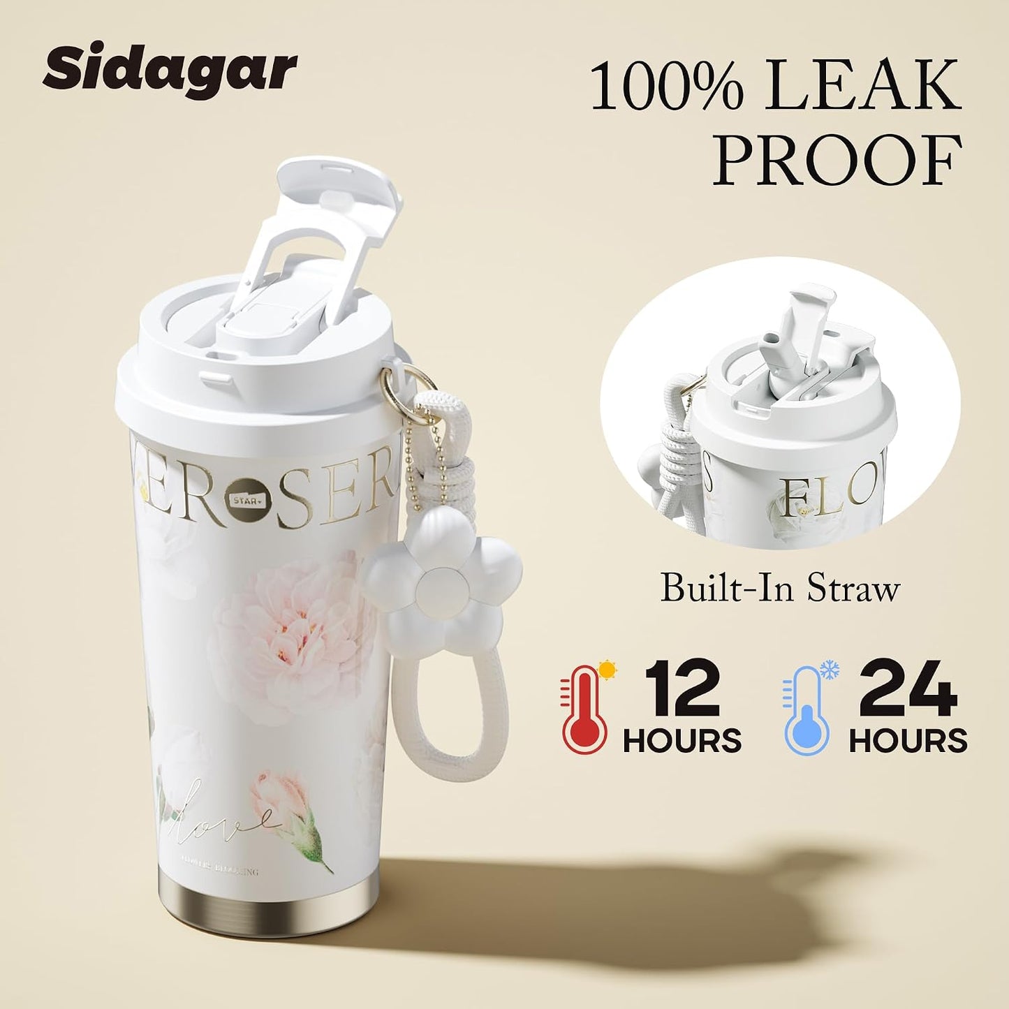Stainless Steel Flower Coffee Mug- WHITE(WITH Charm) Tumbler Apricot