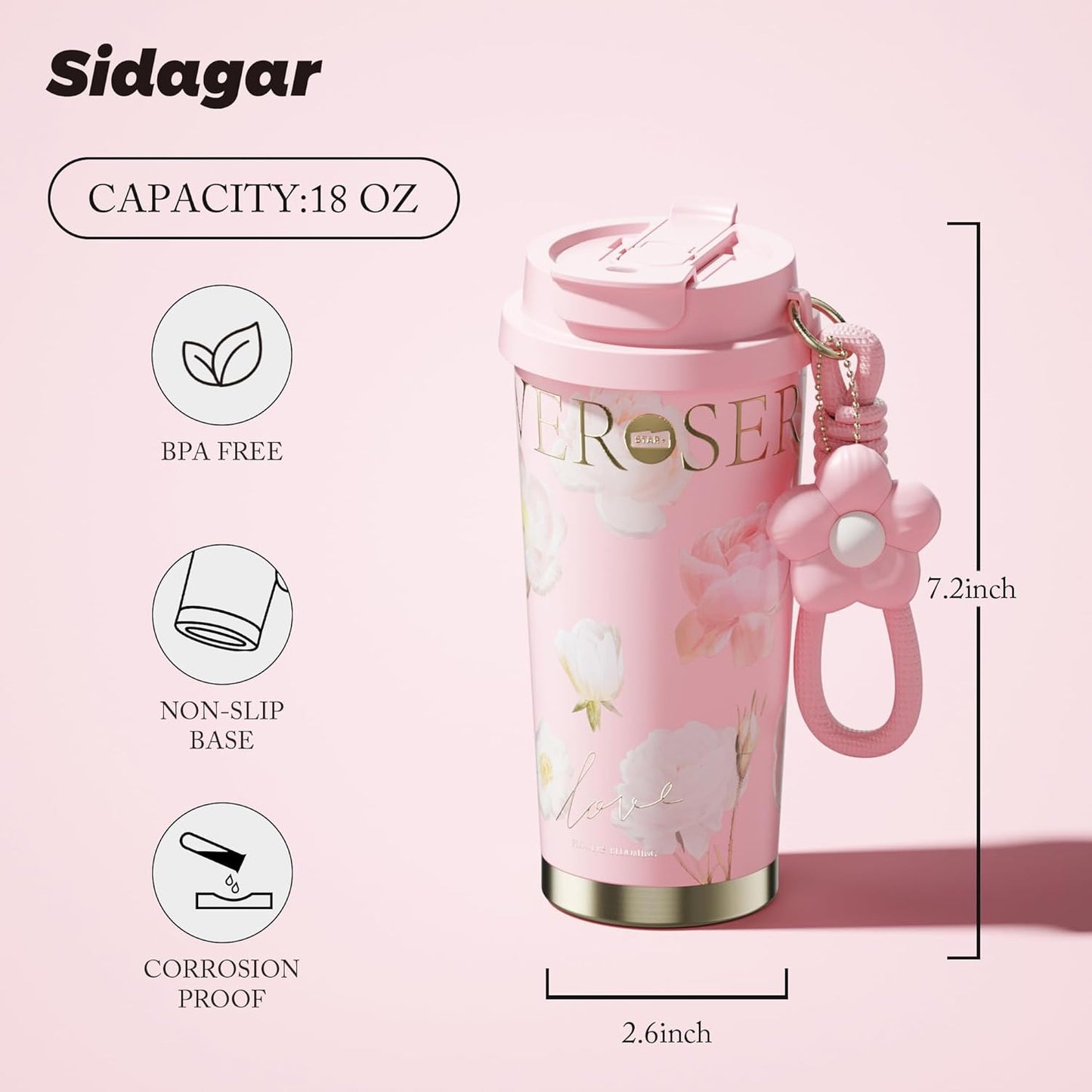 Stainless Steel Flower Coffee Mug- PINK(WITH Charm) Tumbler Apricot
