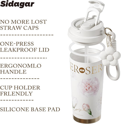 Stainless Steel Flower Coffee Mug- WHITE(WITH Charm) Tumbler Apricot