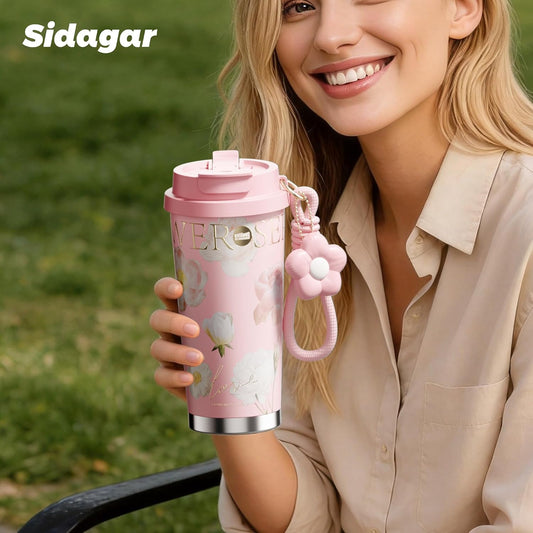 Stainless Steel Flower Coffee Mug- PINK(WITH Charm) Tumbler Apricot