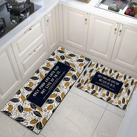 Premium Padded Anti slip Kitchen Mat Set- Food & Love Rugs Apricot
