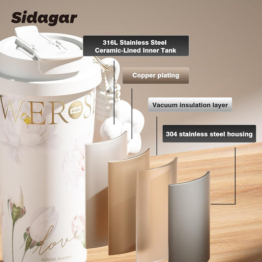 Stainless Steel Flower Coffee Mug- WHITE(WITH Charm) Tumbler Apricot