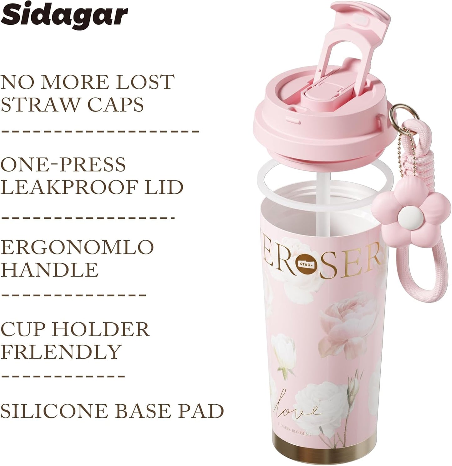 Stainless Steel Flower Coffee Mug- PINK(WITH Charm) Tumbler Apricot