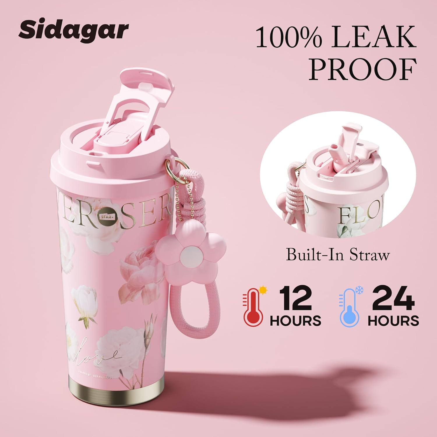 Stainless Steel Flower Coffee Mug- PINK(WITH Charm) Tumbler Apricot
