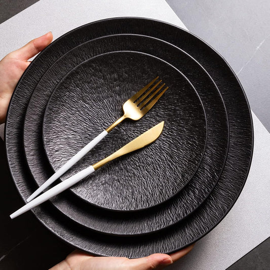 6 Creative Dining Plate with Stone Texture Pattern-Black cooking set Apricot