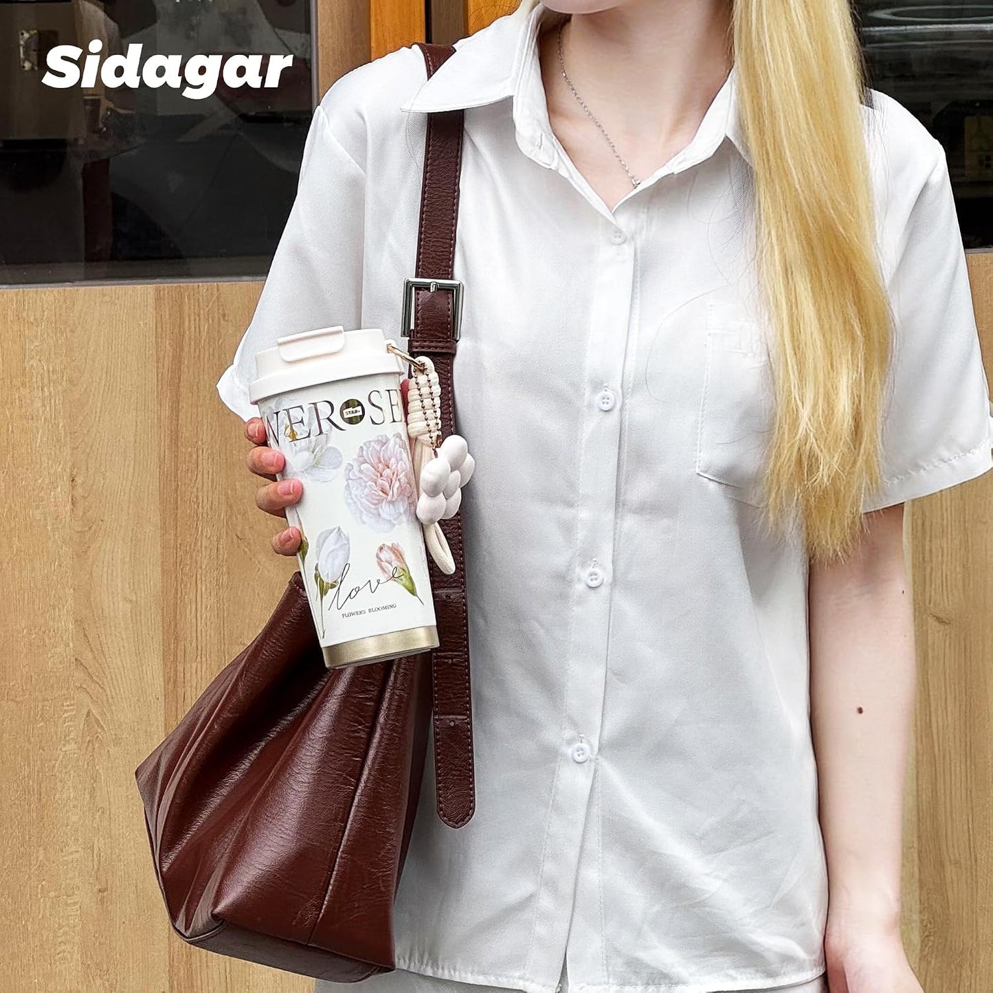 Stainless Steel Flower Coffee Mug- WHITE(WITH Charm) Tumbler Apricot