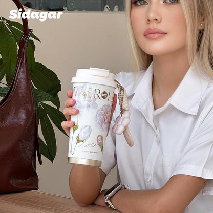 Stainless Steel Flower Coffee Mug- WHITE(WITH Charm) Tumbler Apricot