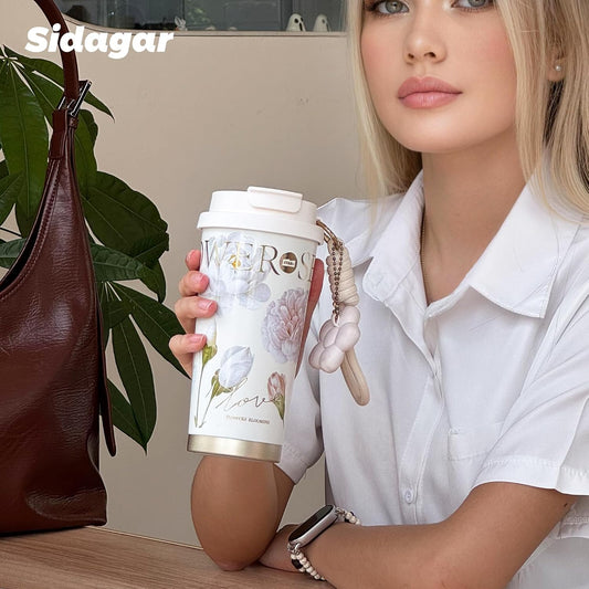 Stainless Steel Flower Coffee Mug- WHITE(WITH Charm) Tumbler Apricot