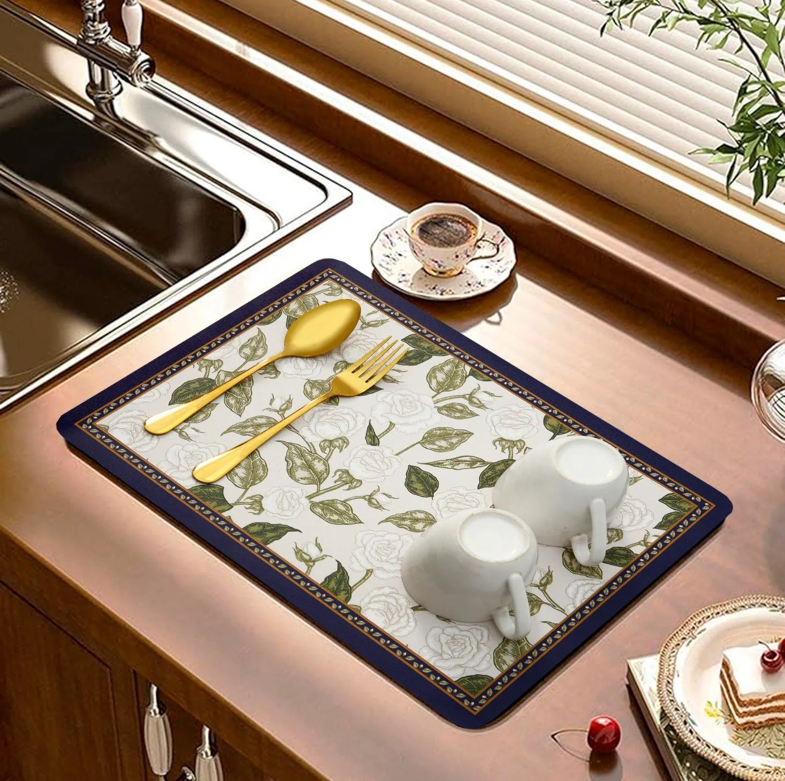 Anti Slip Dish Drying Mat-Green Leaf Rugs Apricot   