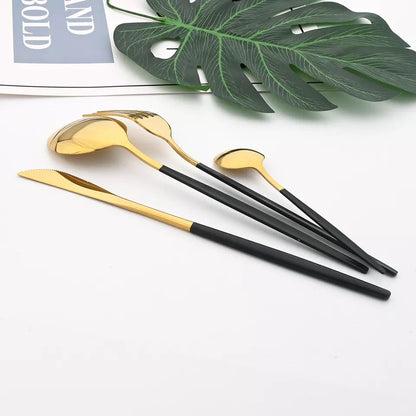 24 PCs Premium Steel Cutlery Set-(4406) Black Over Golden Cutlery Set Apricot