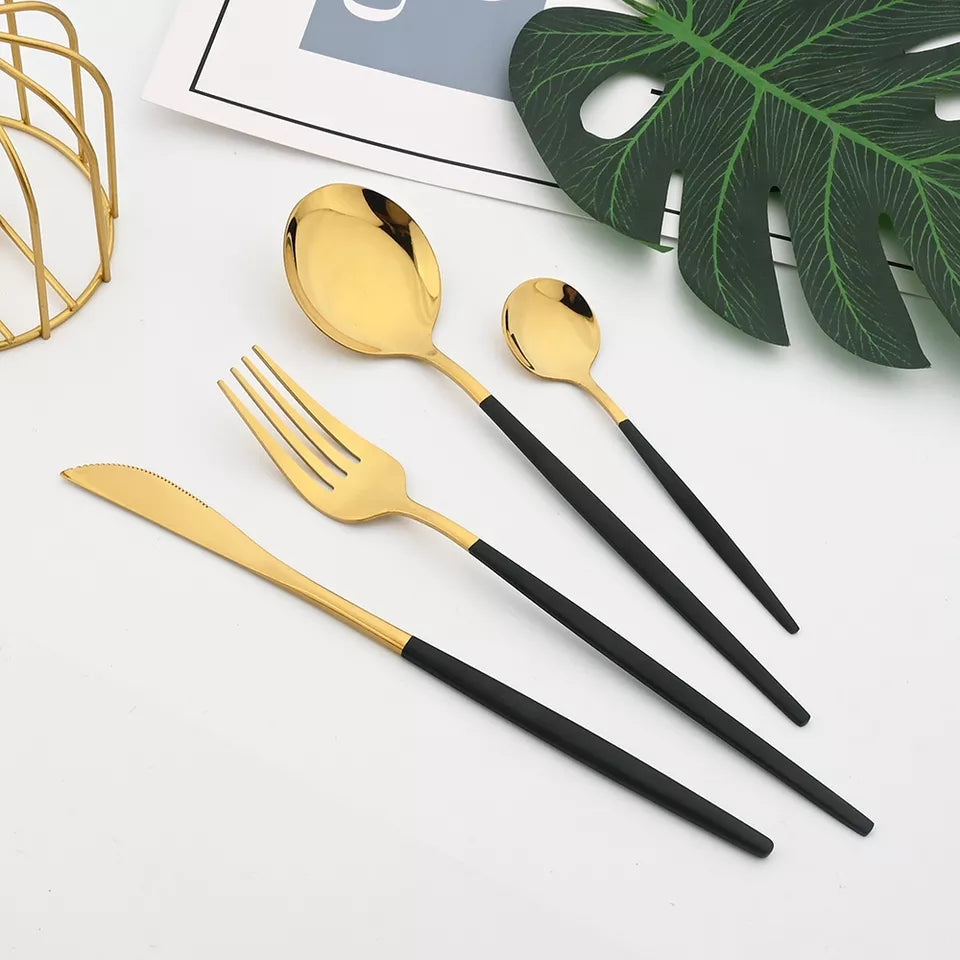 24 PCs Premium Steel Cutlery Set-(4406) Black Over Golden Cutlery Set Apricot