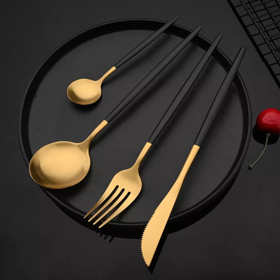 24 PCs Premium Steel Cutlery Set-(4406) Black Over Golden Cutlery Set Apricot