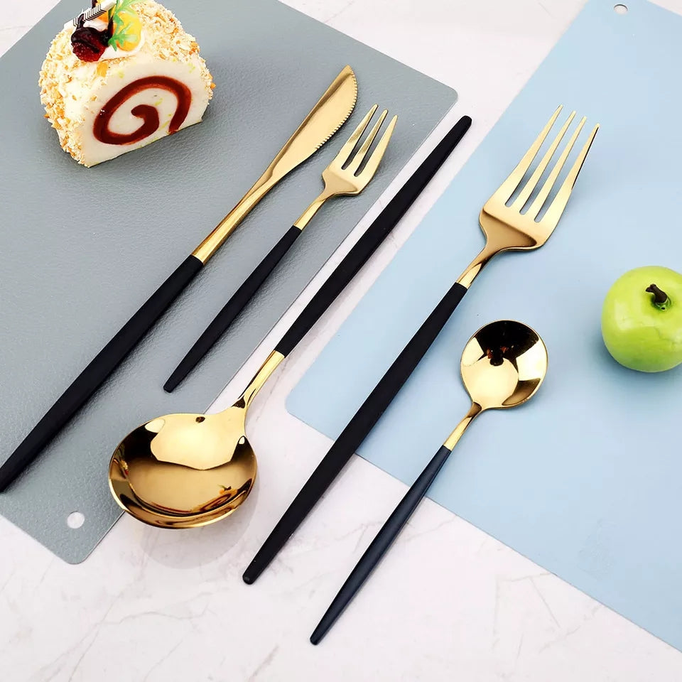 24 PCs Premium Steel Cutlery Set-(4406) Black Over Golden Cutlery Set Apricot