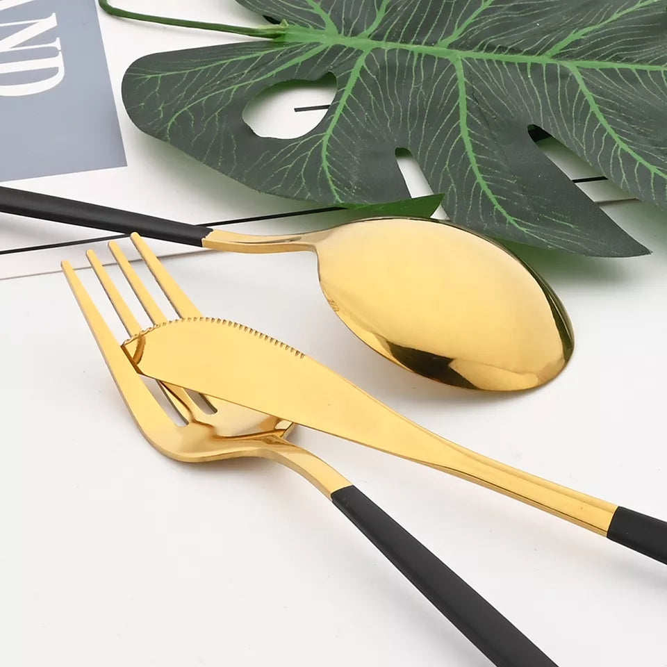 24 PCs Premium Steel Cutlery Set-(4406) Black Over Golden Cutlery Set Apricot