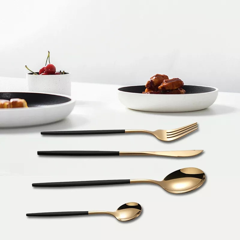 24 PCs Premium Steel Cutlery Set-(4406) Black Over Golden Cutlery Set Apricot