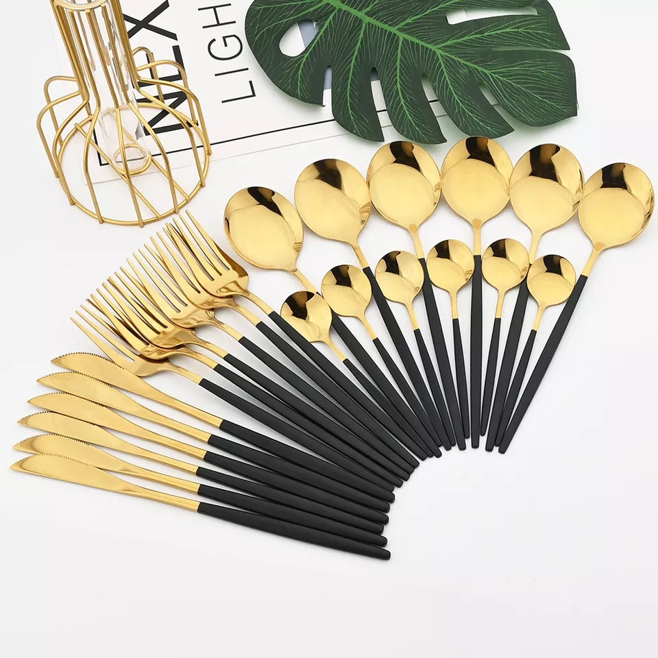 24 PCs Premium Steel Cutlery Set-(4406) Black Over Golden Cutlery Set Apricot