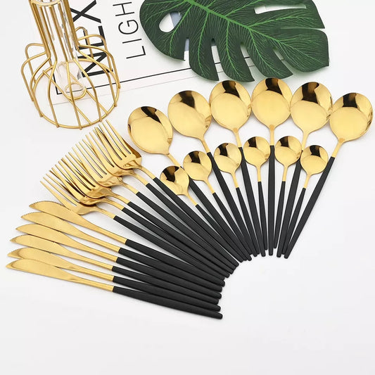 24 PCs Premium Steel Cutlery Set-(4406) Black Over Golden Cutlery Set Apricot