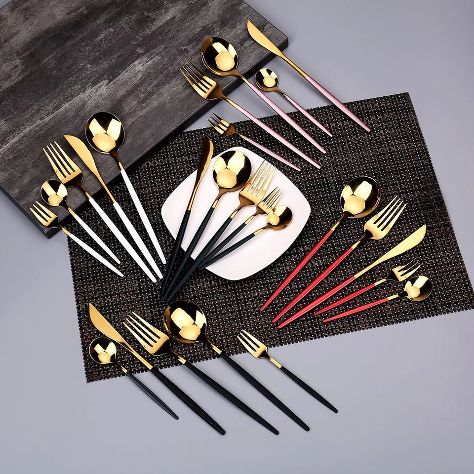 24 PCs Premium Steel Cutlery Set-(4406) Black Over Golden Cutlery Set Apricot