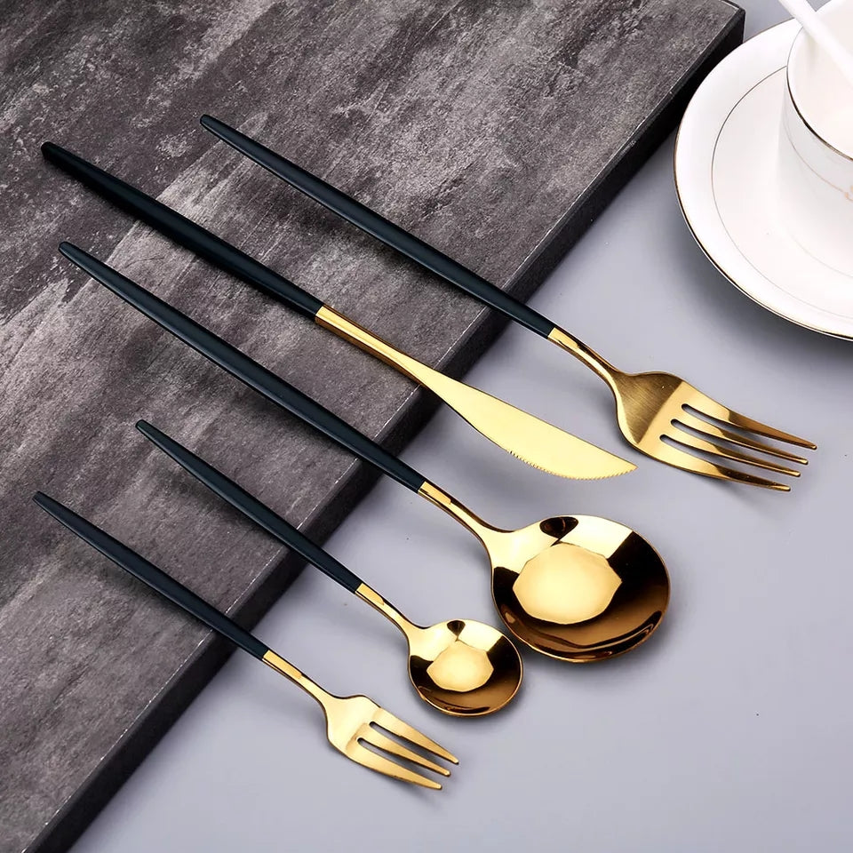 24 PCs Premium Steel Cutlery Set-(4406) Black Over Golden Cutlery Set Apricot