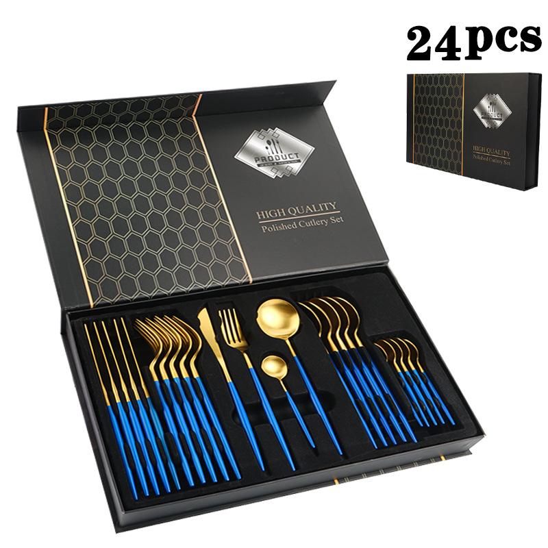 24 Pcs Premium Steel Cutlery Set-(4406) Blue Over Golden Cutlery set Apricot