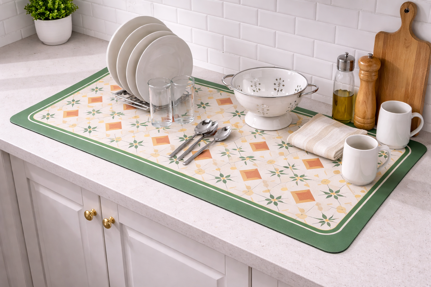 AntiSkid Dish Drying Heat & Water Protector Mat-SA-2553-Mint Flowers Rugs Apricot