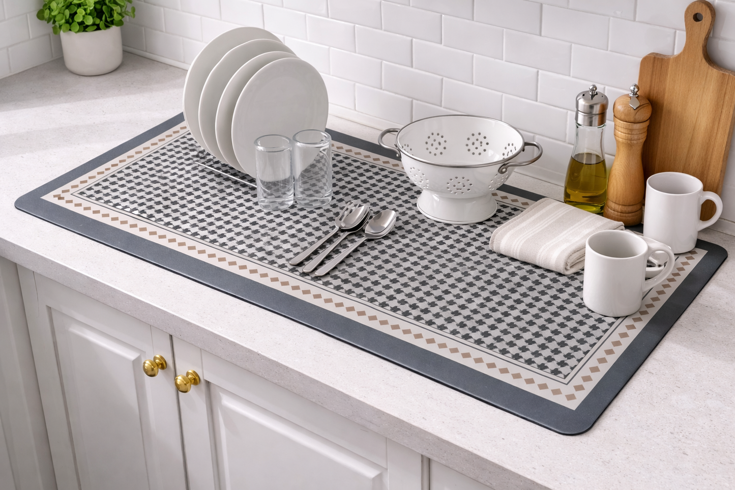 AntiSkid Dish Drying Heat & Water Protector Mat-SA-2553-Black Fan Print Rugs Apricot