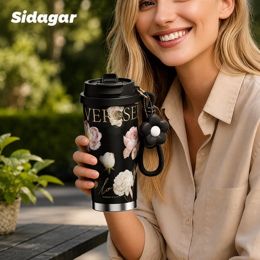 Stainless Steel Flower Coffee Mug- BLACK(WITH Charm) Tumbler Apricot