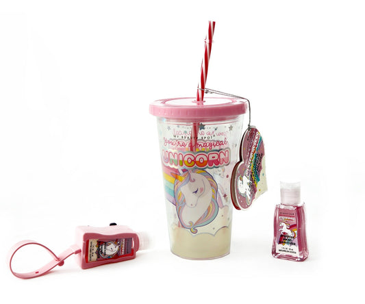 Double Walled Thick ACRYLIC Mug with Straw and 2hand Sanitizer Jars-Unicorn Spice and sugar Jar Apricot