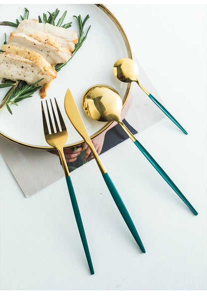 24 PCs Premium Steel Cutlery Set-(4406) Green Over Golden Cutlery Set Apricot