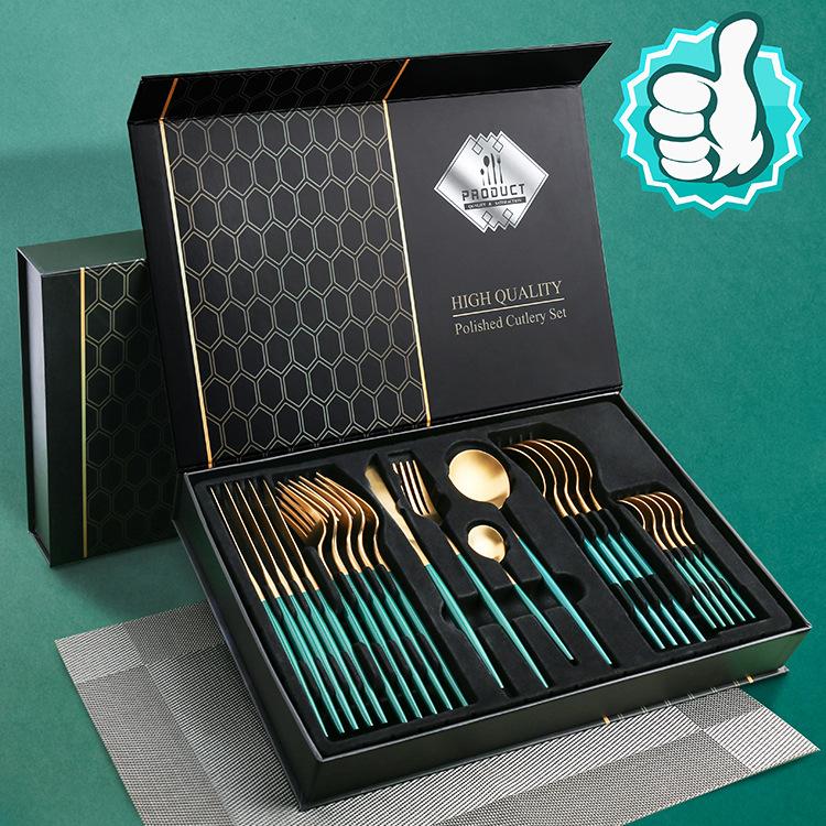 24 PCs Premium Steel Cutlery Set-(4406) Green Over Golden Cutlery Set Apricot